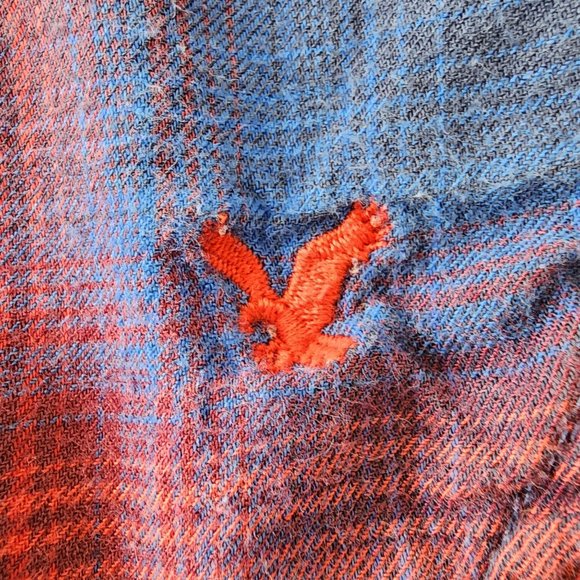 American Eagle Vintage Boyfriend Plaid Top PS Button Shirt Blue Red Flannel - Picture 16 of 16